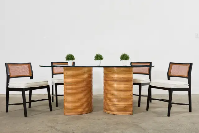 Midcentury Italian Organic Modern Rattan Pedestal Dining Table