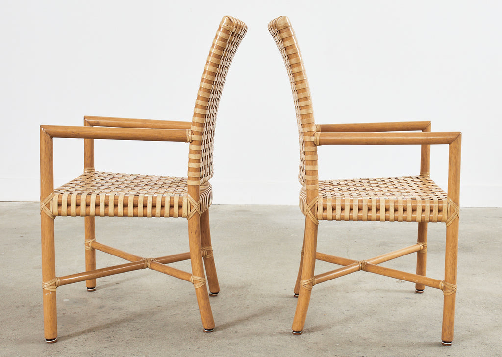 Set of Four McGuire Woven Rawhide Rattan Dining Armchairs
