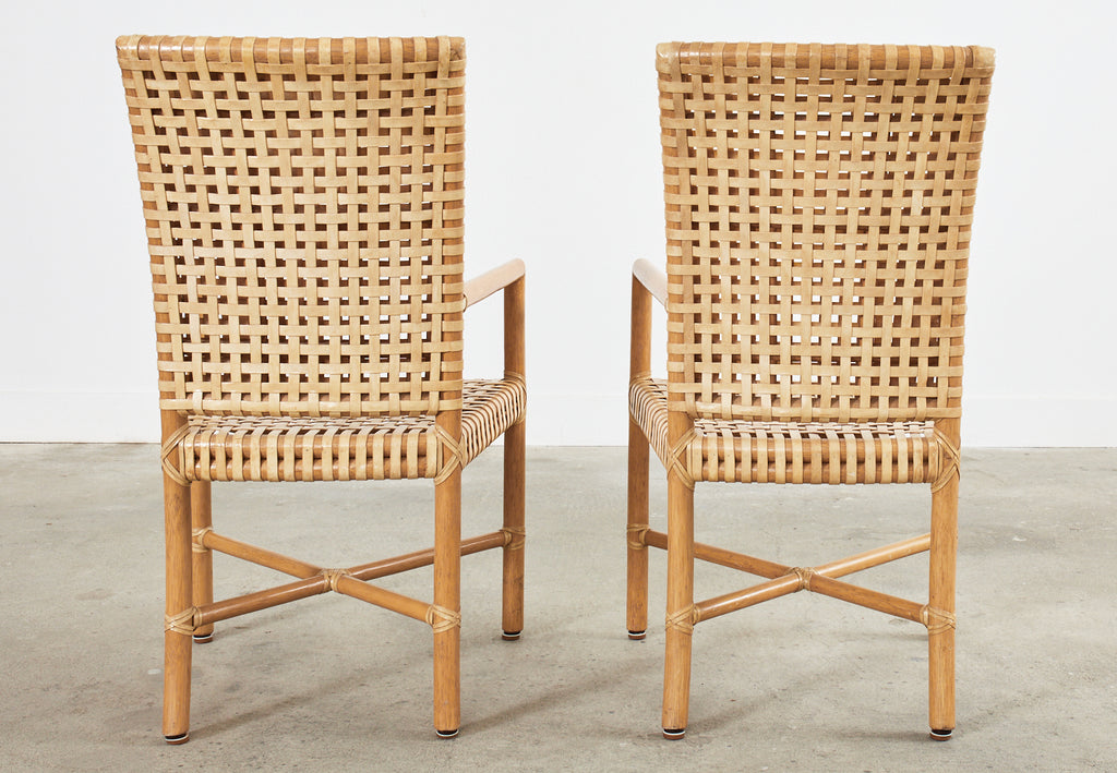 Set of Four McGuire Woven Rawhide Rattan Dining Armchairs