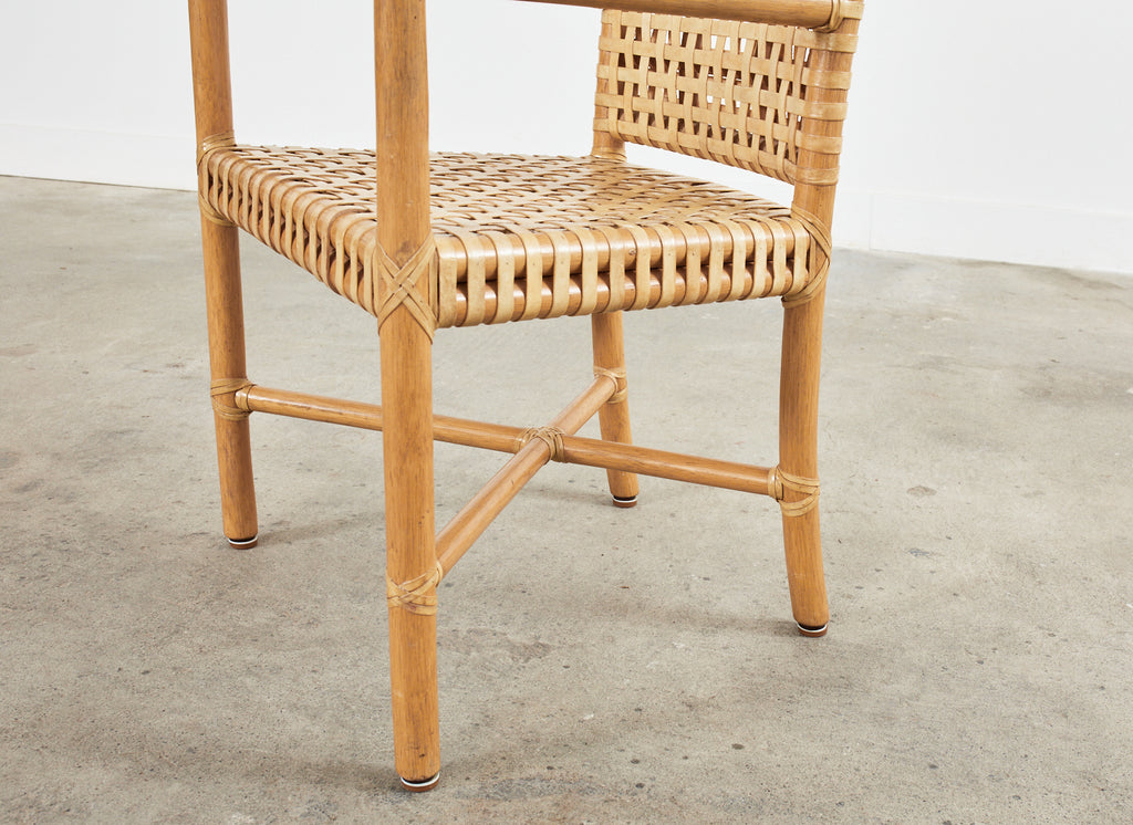 Set of Four McGuire Woven Rawhide Rattan Dining Armchairs