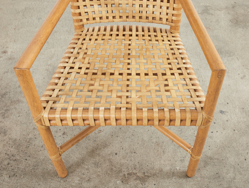Set of Four McGuire Woven Rawhide Rattan Dining Armchairs