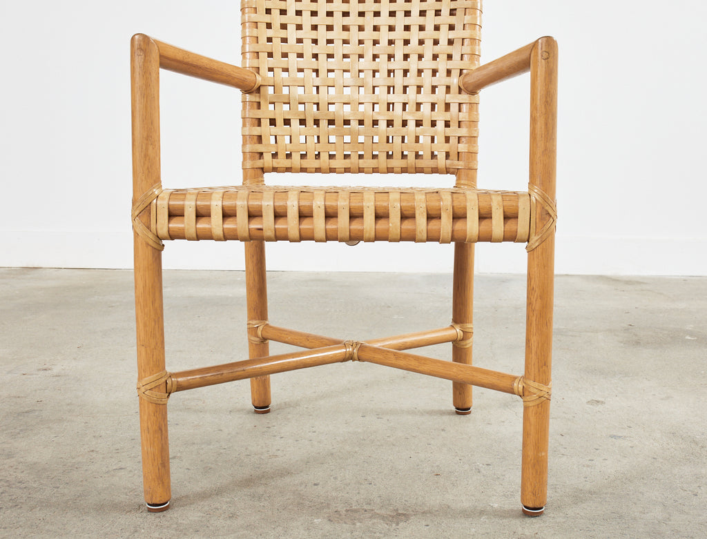 Set of Four McGuire Woven Rawhide Rattan Dining Armchairs