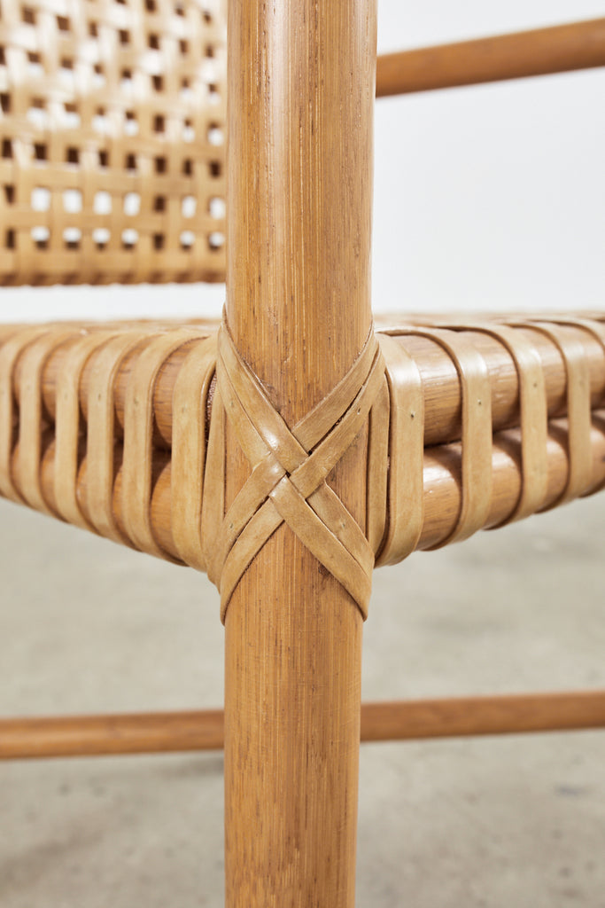 Set of Four McGuire Woven Rawhide Rattan Dining Armchairs