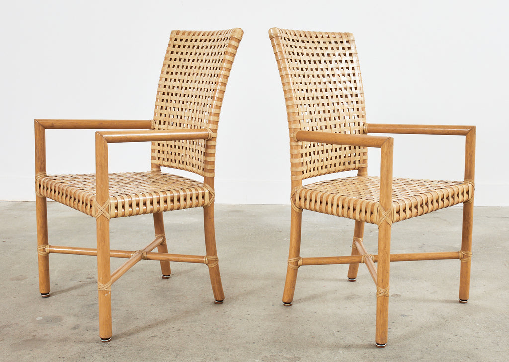 Set of Four McGuire Woven Rawhide Rattan Dining Armchairs