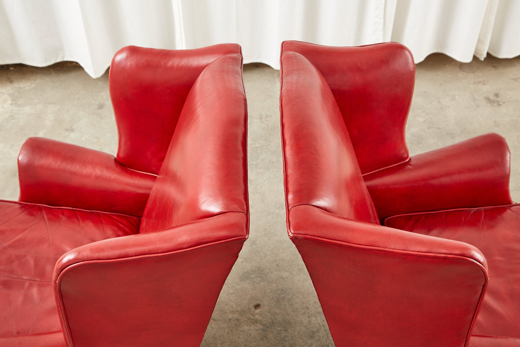 Pair of English Georgian Style Ruby Red Leather Wingback Chairs