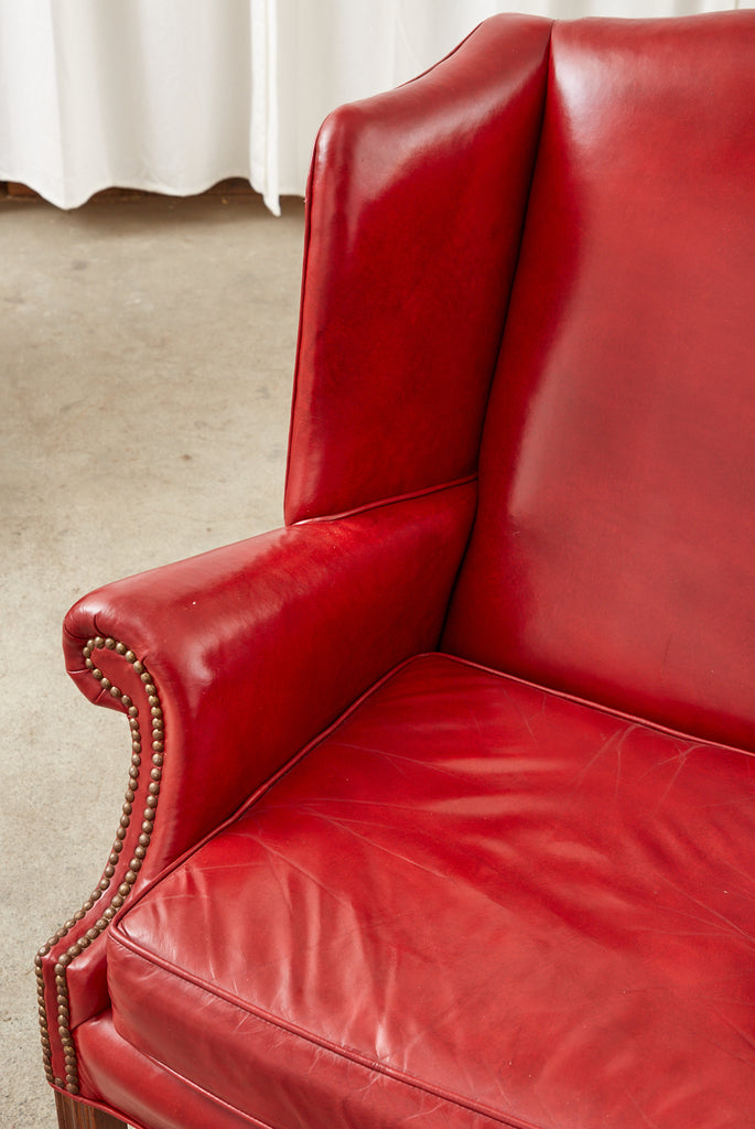 Pair of English Georgian Style Ruby Red Leather Wingback Chairs