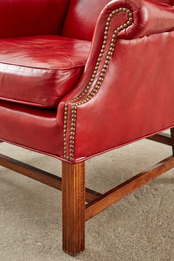 Pair of English Georgian Style Ruby Red Leather Wingback Chairs