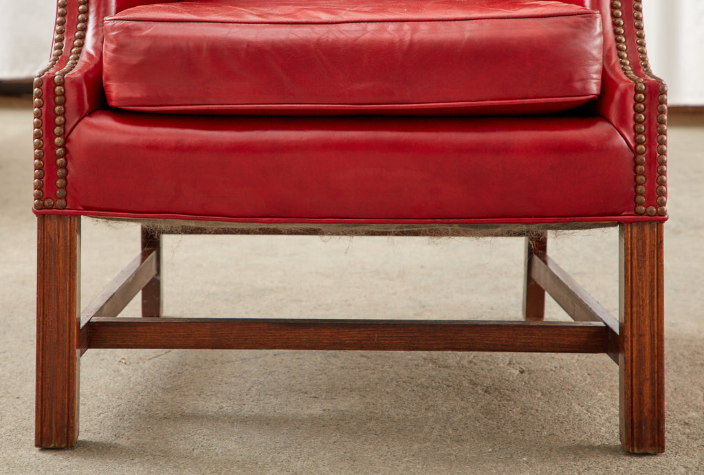 Pair of English Georgian Style Ruby Red Leather Wingback Chairs