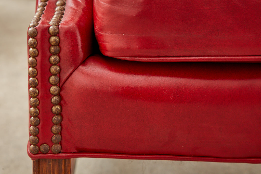 Pair of English Georgian Style Ruby Red Leather Wingback Chairs