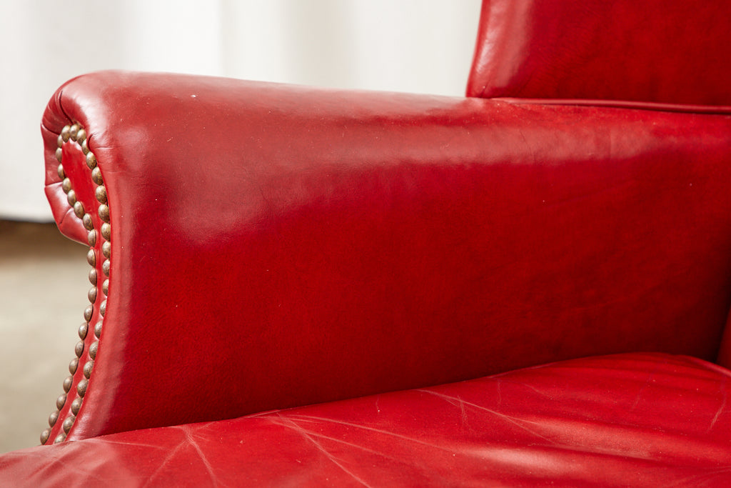 Pair of English Georgian Style Ruby Red Leather Wingback Chairs