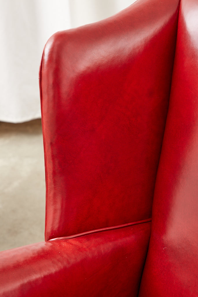 Pair of English Georgian Style Ruby Red Leather Wingback Chairs