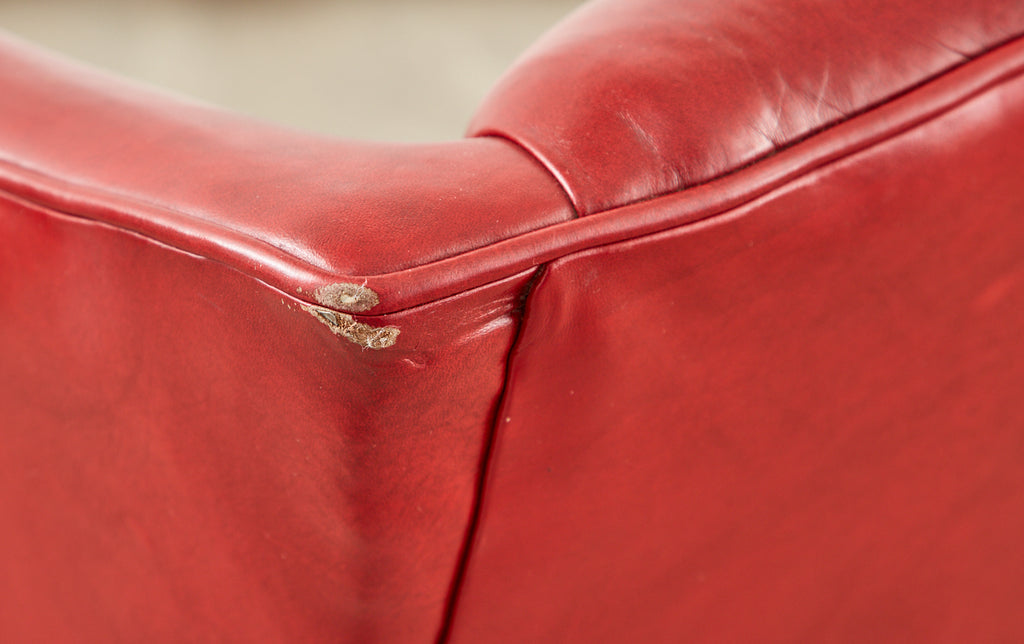 Pair of English Georgian Style Ruby Red Leather Wingback Chairs