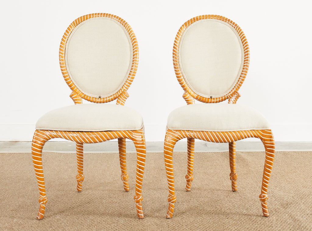 Set of Six Napoleon III Style Faux Rope Cerused Dining Chairs