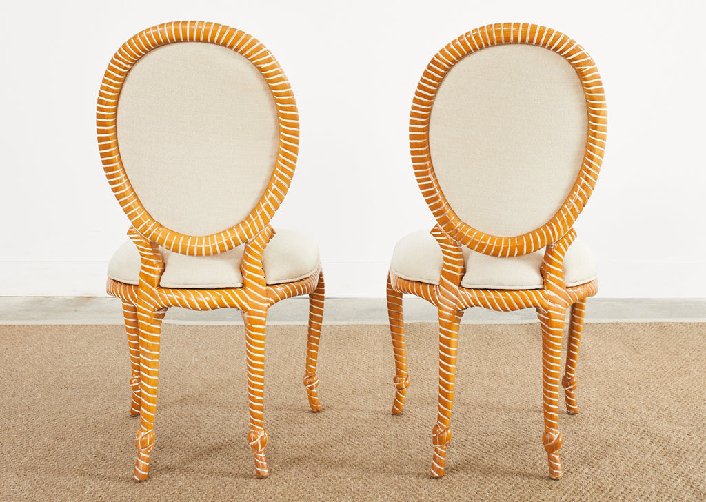 Set of Six Napoleon III Style Faux Rope Cerused Dining Chairs