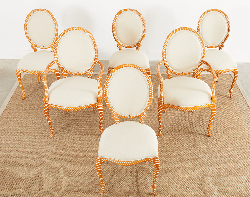 Set of Six Napoleon III Style Faux Rope Cerused Dining Chairs