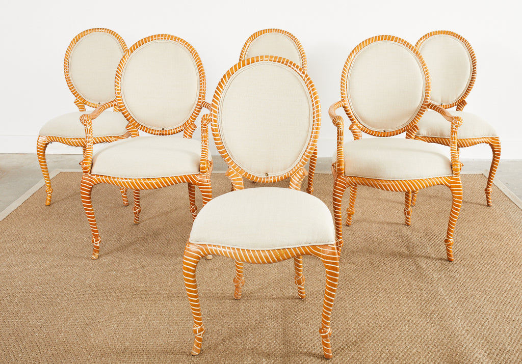 Set of Six Napoleon III Style Faux Rope Cerused Dining Chairs