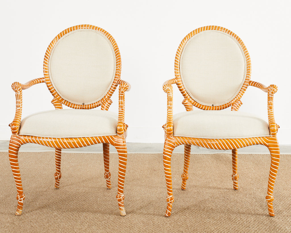 Set of Six Napoleon III Style Faux Rope Cerused Dining Chairs