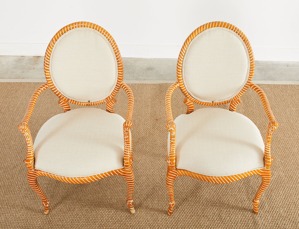 Set of Six Napoleon III Style Faux Rope Cerused Dining Chairs