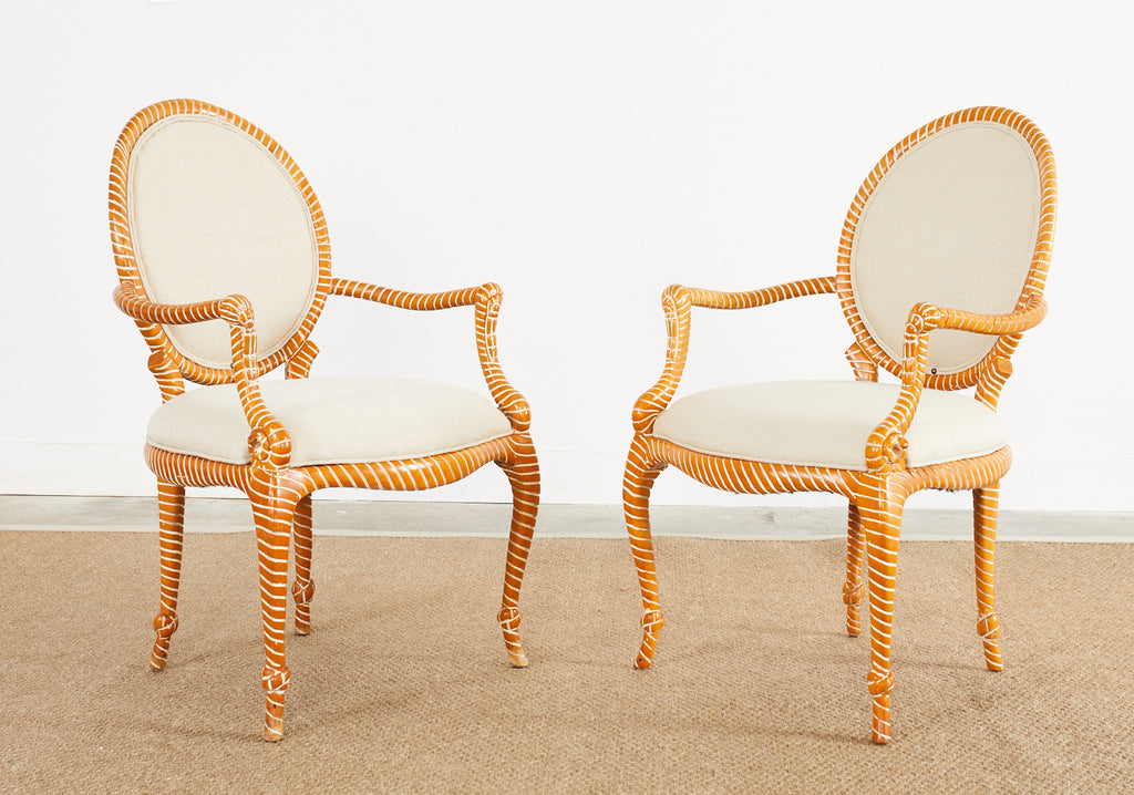 Set of Six Napoleon III Style Faux Rope Cerused Dining Chairs