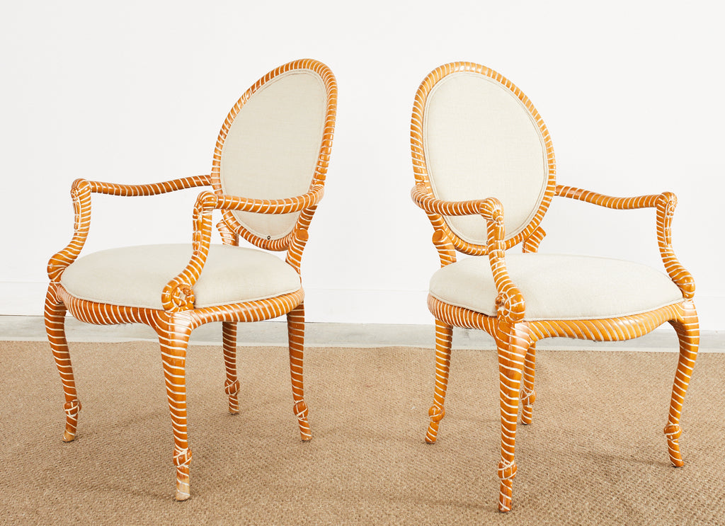 Set of Six Napoleon III Style Faux Rope Cerused Dining Chairs