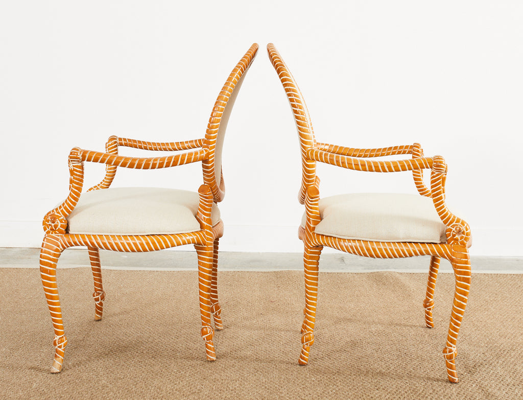 Set of Six Napoleon III Style Faux Rope Cerused Dining Chairs