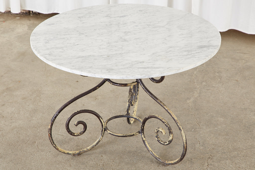 French Art Nouveau Carrrara Marble Iron Garden Dining Table