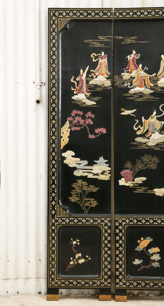 Chinese Export Four Panel Carved Soapstone Coromandel Screen