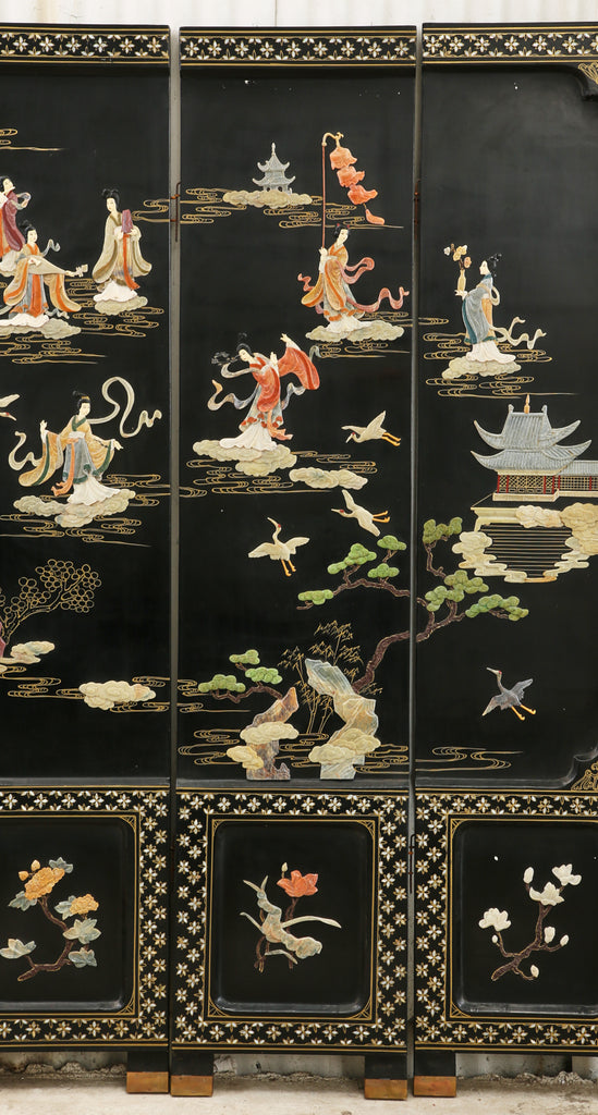 Chinese Export Four Panel Carved Soapstone Coromandel Screen