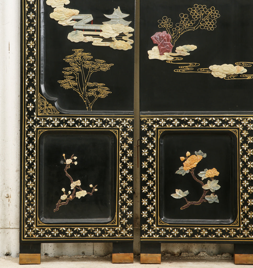 Chinese Export Four Panel Carved Soapstone Coromandel Screen