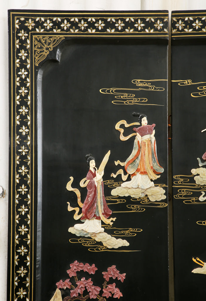 Chinese Export Four Panel Carved Soapstone Coromandel Screen