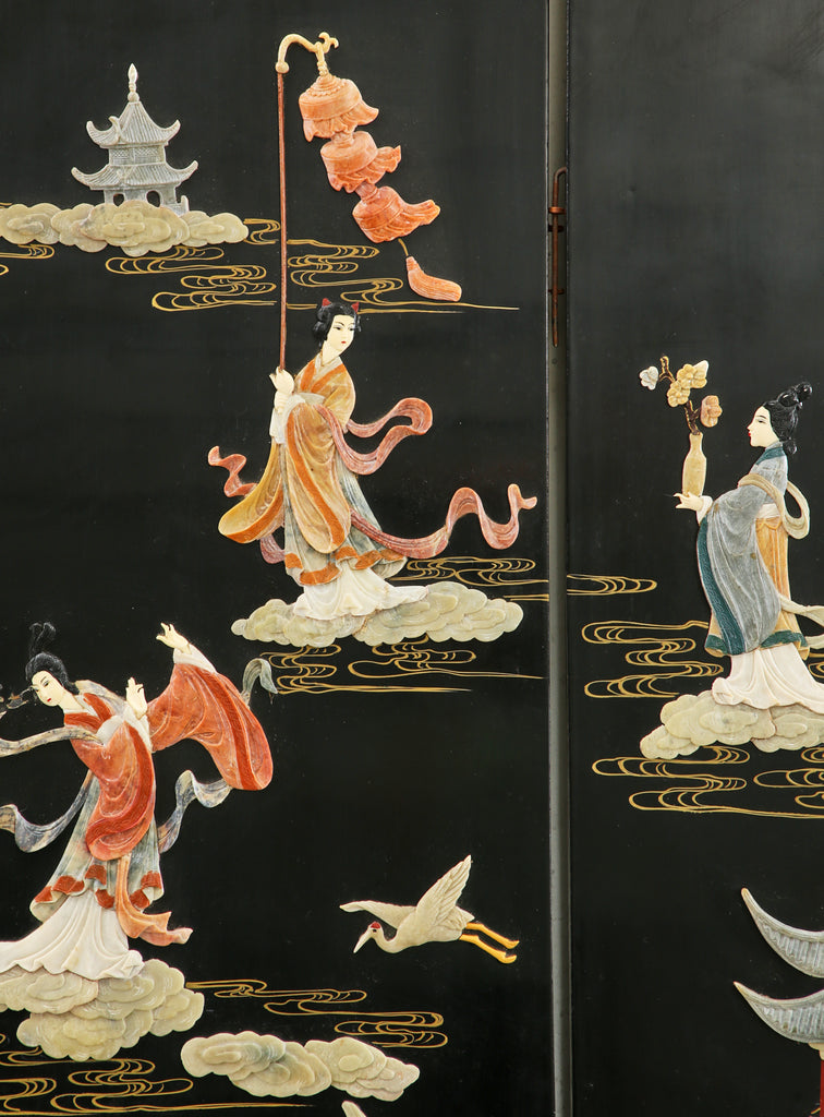 Chinese Export Four Panel Carved Soapstone Coromandel Screen