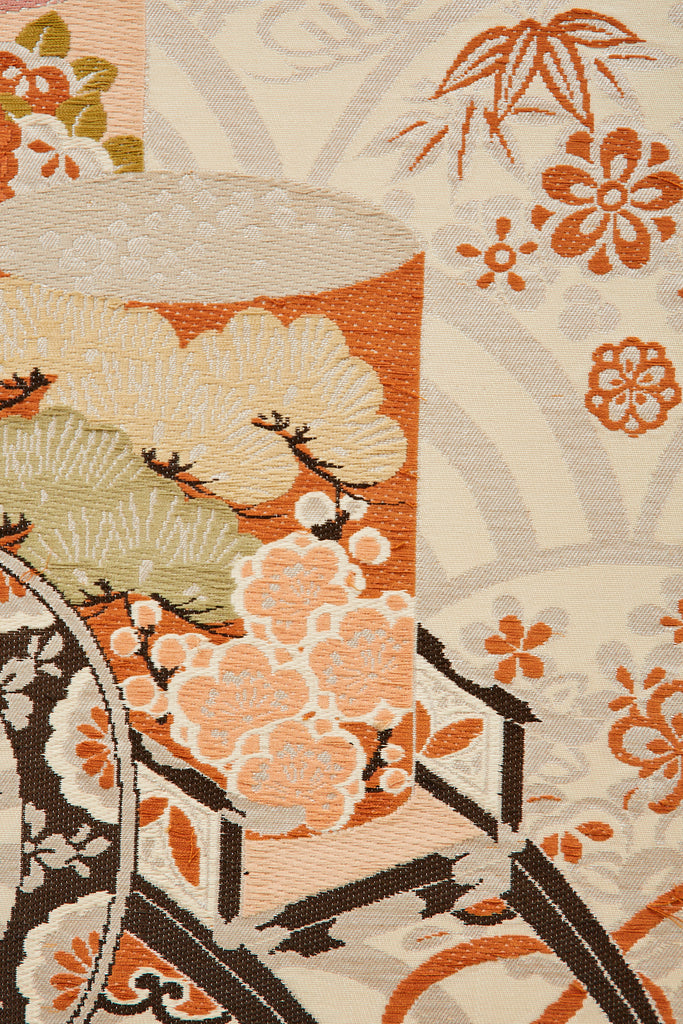 Japanese Showa Two Panel Screen Embroidered Silk Gilt Boxes