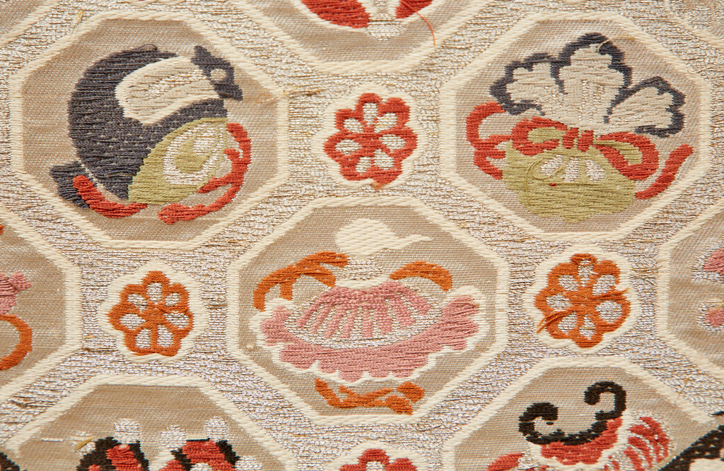 Japanese Showa Two Panel Screen Embroidered Silk Gilt Boxes