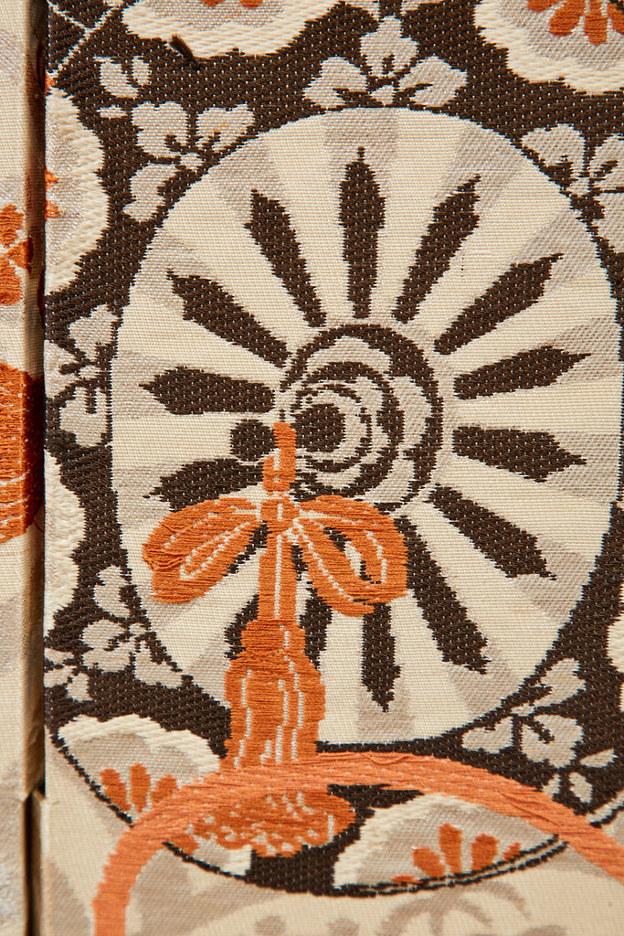 Japanese Showa Two Panel Screen Embroidered Silk Gilt Boxes