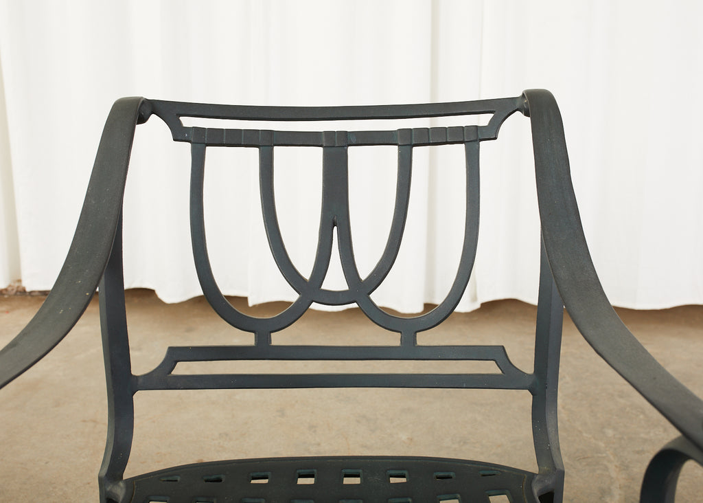 Set of Six Neoclassical Style Garden Armchairs with Ottoman