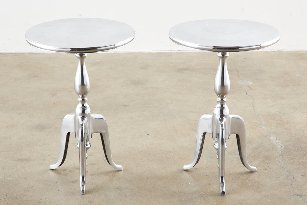 Pair of Polished Metal Round Pedestal Drink Tables