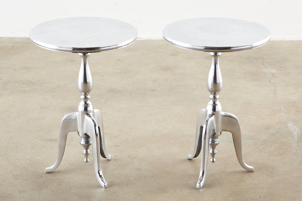 Pair of Polished Metal Round Pedestal Drink Tables