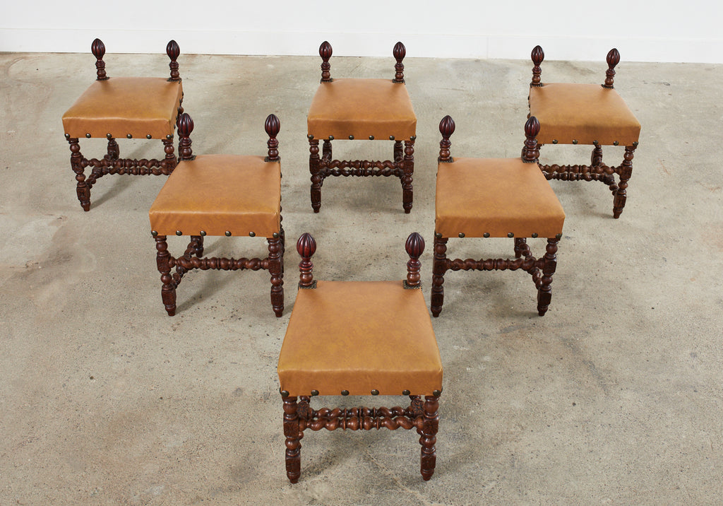 Set of Six Baroque Style Oak Barley Twist Dining Stools