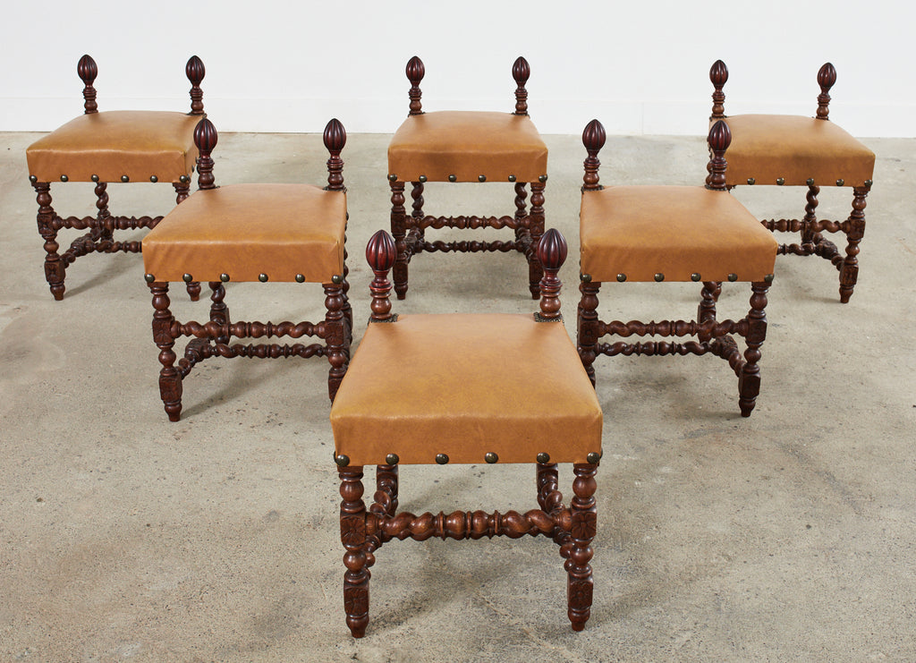 Set of Six Baroque Style Oak Barley Twist Dining Stools