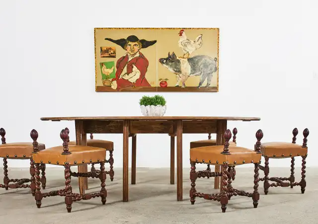 Set of Six Baroque Style Oak Barley Twist Dining Stools