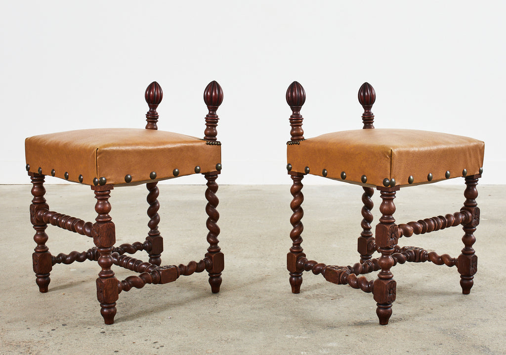 Set of Six Baroque Style Oak Barley Twist Dining Stools