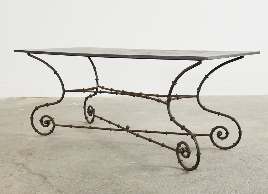 Mid-century Faux Bamboo Iron Slate Top Garden Dining Table