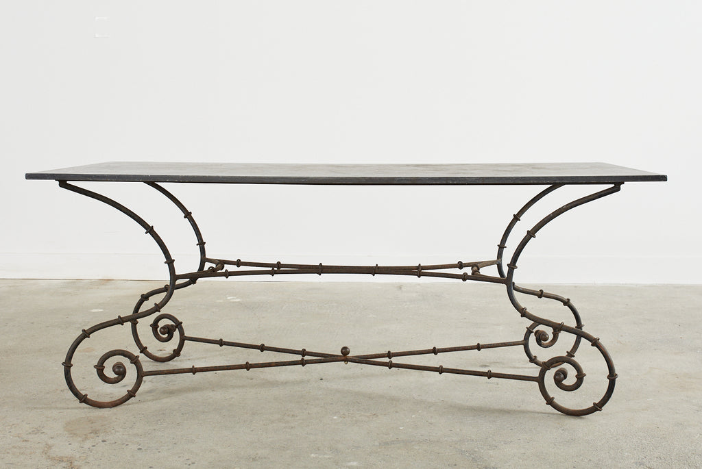 Mid-century Faux Bamboo Iron Slate Top Garden Dining Table