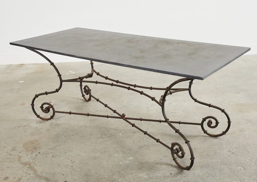 Mid-century Faux Bamboo Iron Slate Top Garden Dining Table