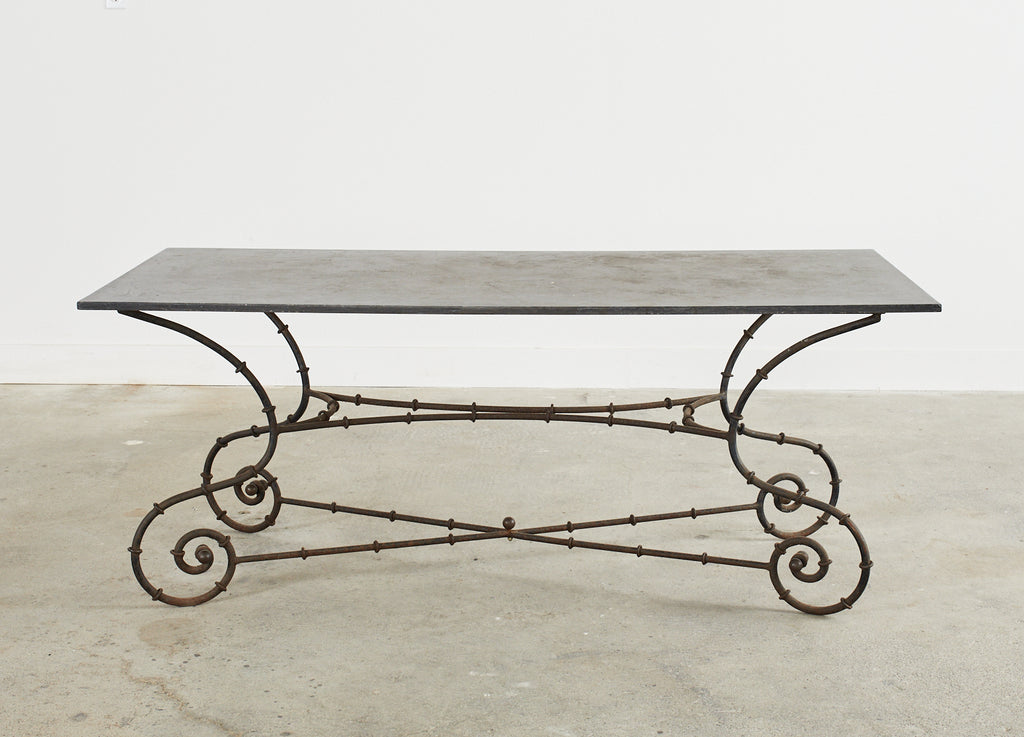 Mid-century Faux Bamboo Iron Slate Top Garden Dining Table