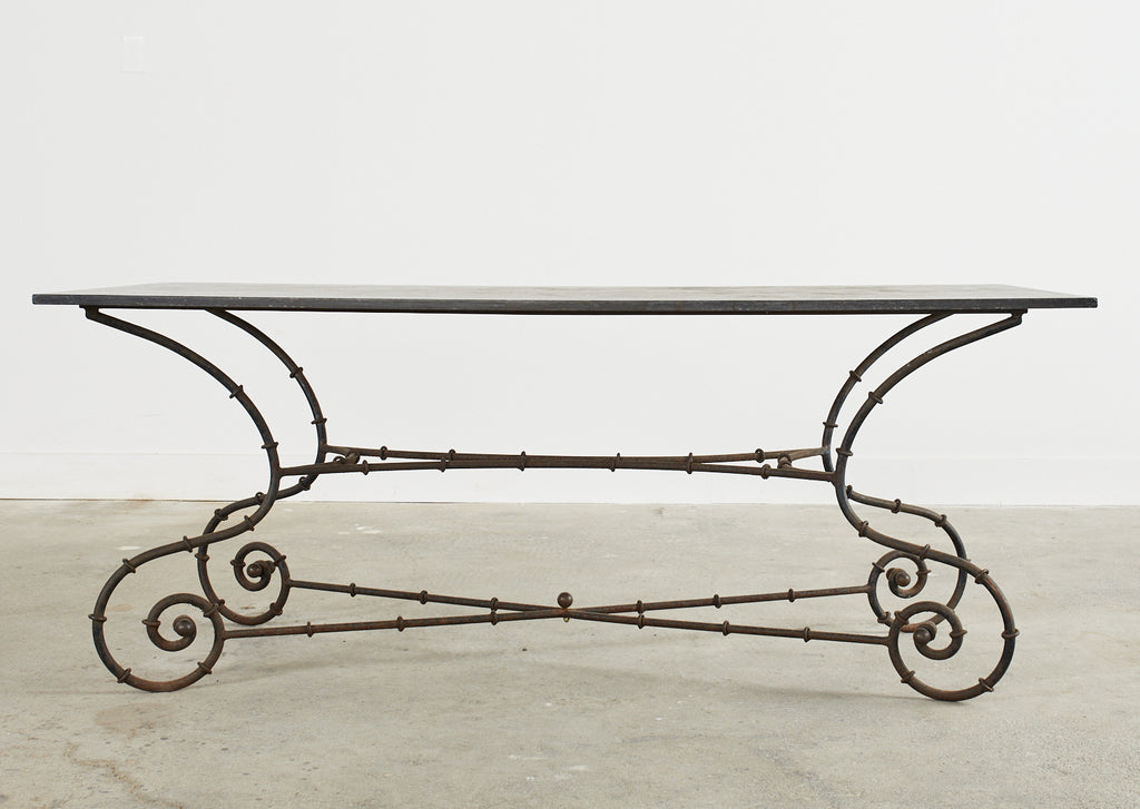 Mid-century Faux Bamboo Iron Slate Top Garden Dining Table