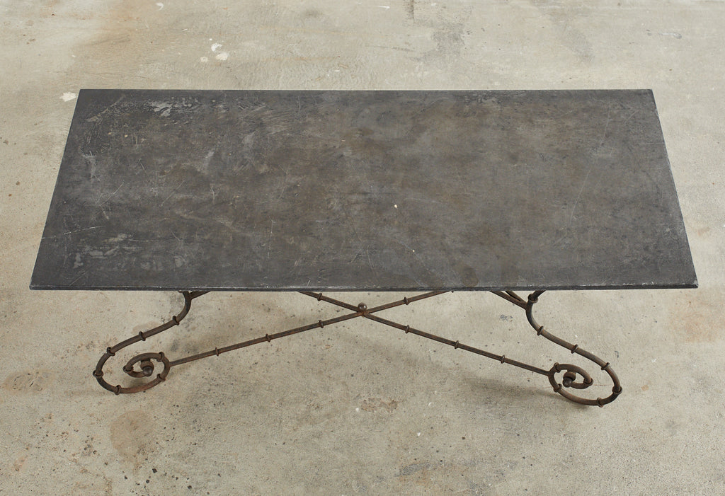 Mid-century Faux Bamboo Iron Slate Top Garden Dining Table