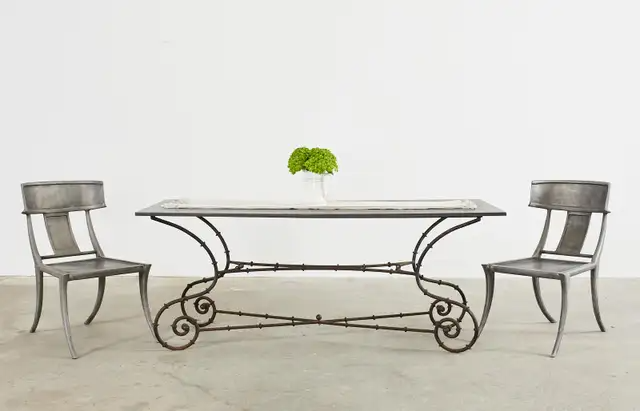 Mid-century Faux Bamboo Iron Slate Top Garden Dining Table