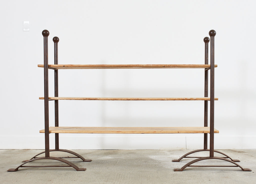 Pair of Patinated Iron and Pine Bakers Rack or Bookshelves