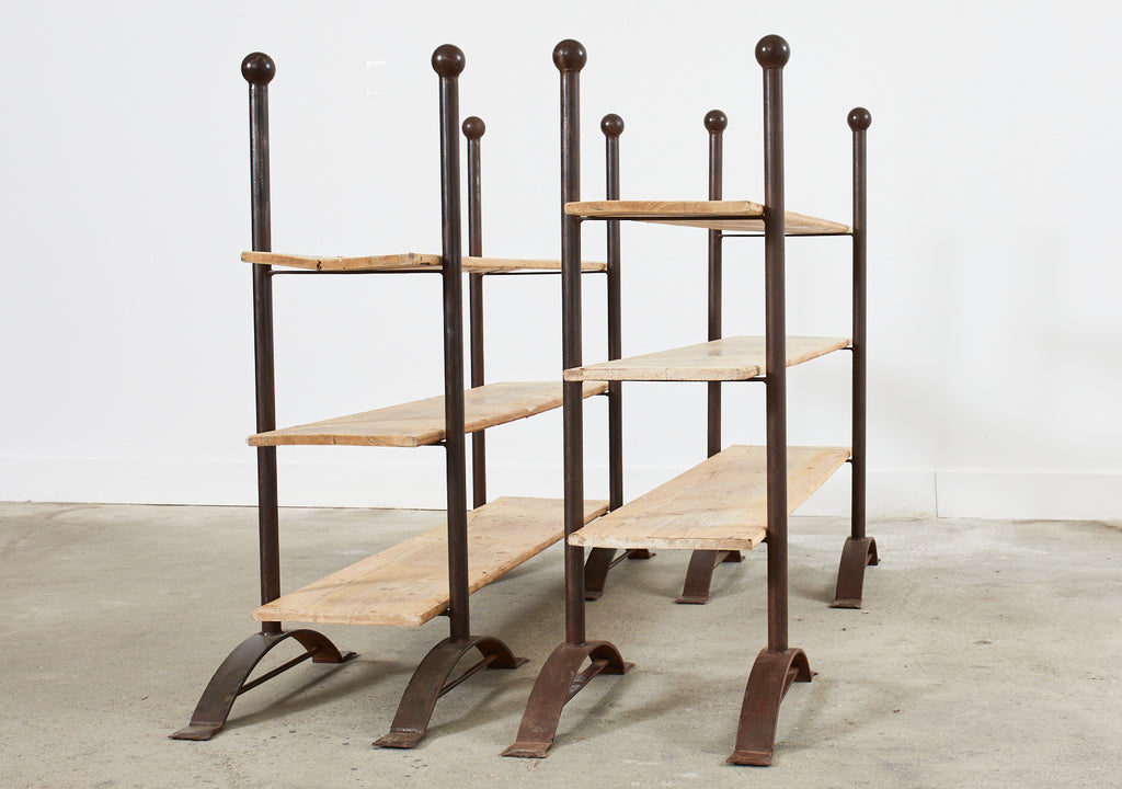 Pair of Patinated Iron and Pine Bakers Rack or Bookshelves
